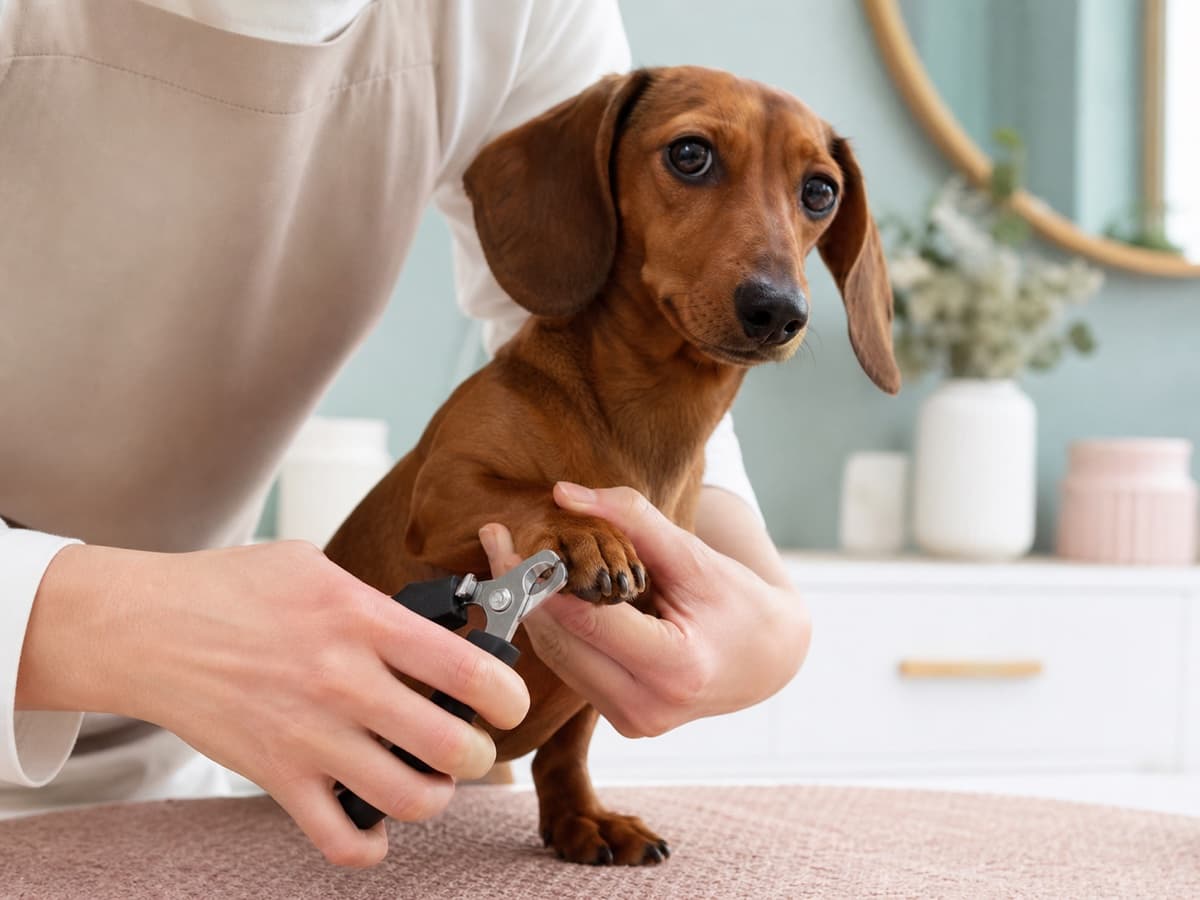 Illustratieve salonscène van zorgvuldige nagelverzorging bij een teckel