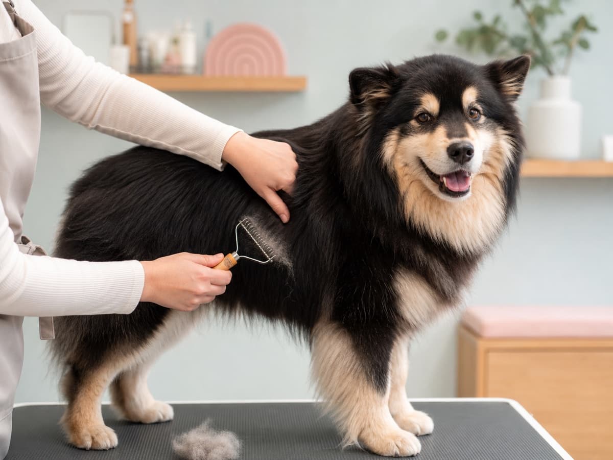 Illustratieve salonscène van het ontwollen van een hond met een dubbele vacht