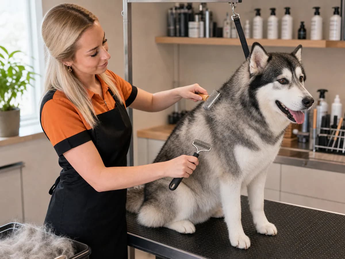 Trimmer verwijdert losse ondervacht van een husky