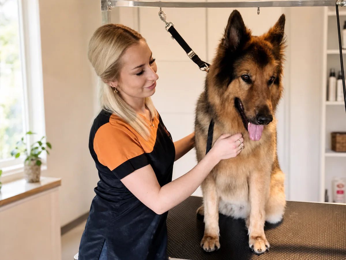 Trimmer verzorgt rustig een Duitse herder op de trimtafel
